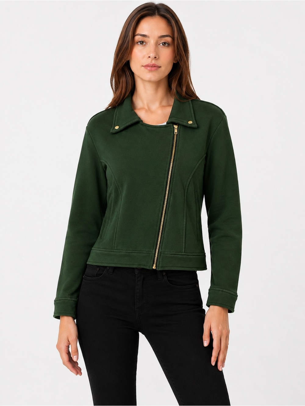 LulaRoe Presley Jacket 100% Cotton Sz Large Knit Green Solid Moto Zipper Pockets